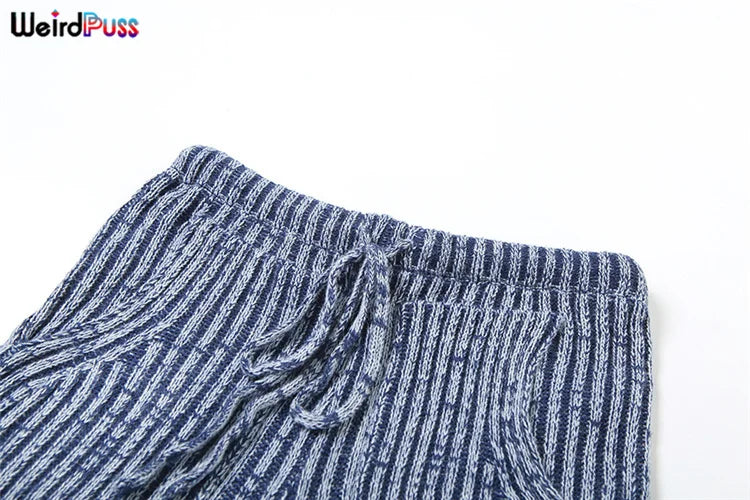 Weird Puss Patchwork Striped Women Casual 2 Piece Set Crochet Halter Low-Neck Vest+Pocket Pants Stretch Skinny Matching Suit Badiee Stylez