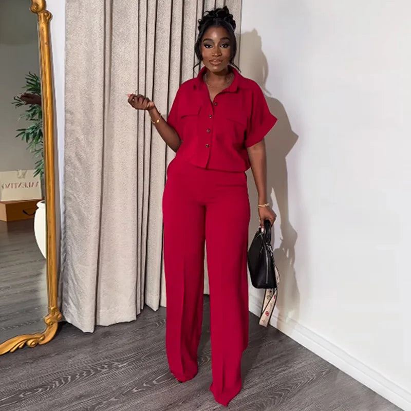 Women's Two-piece Set Spring Summer New Style Lapel Short-sleeved Shirt High Waist Wide Leg Trousers Casual Suit Women Clothing