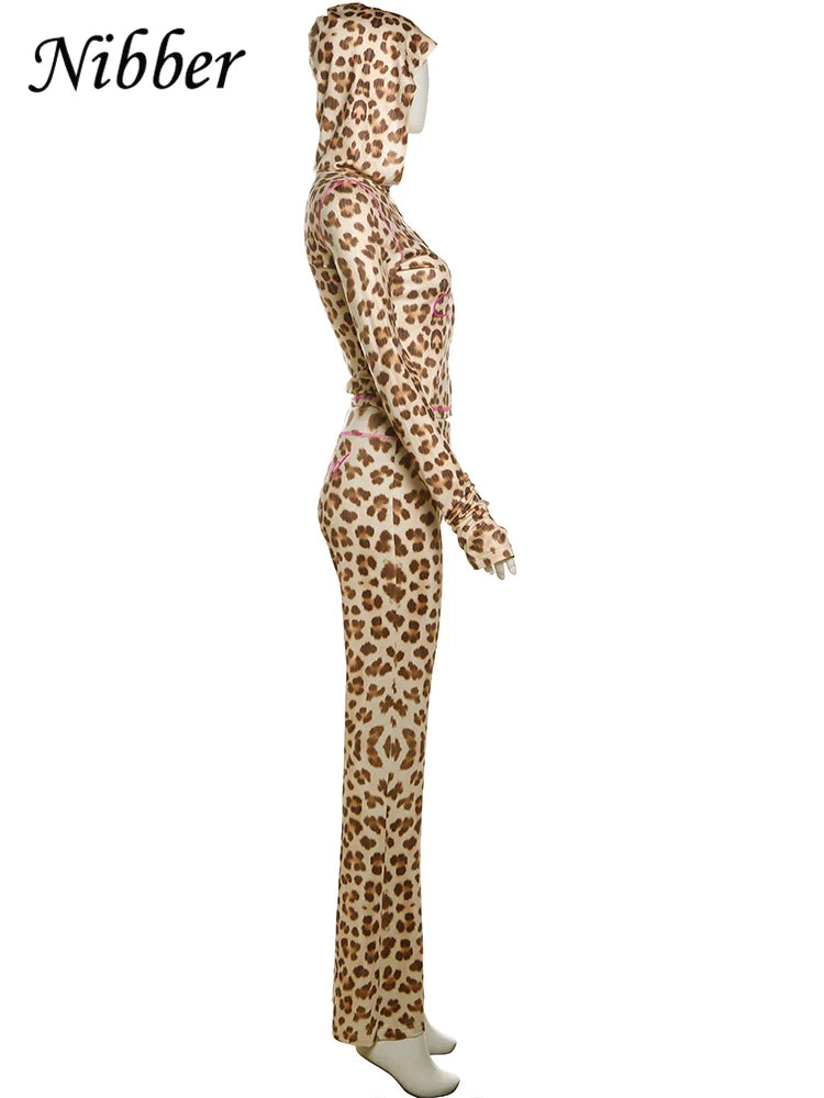 Nibber Leopard Print 2 Piece Set Women's Autumn Tracksuit Athleisure Hooded Crop Jacket + Flared Pants Stretch Matching Suit
