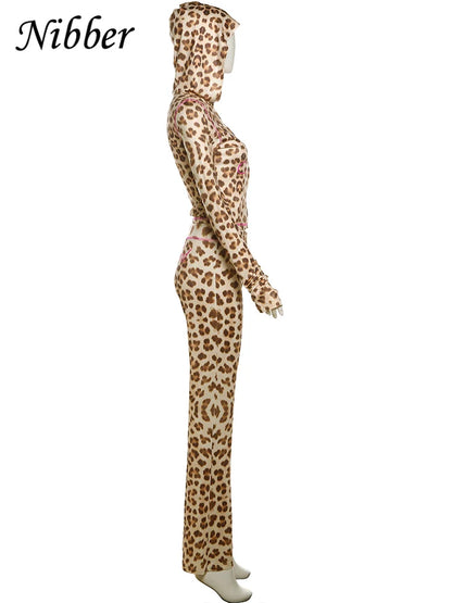 Nibber Leopard Print 2 Piece Set Women's Autumn Tracksuit Athleisure Hooded Crop Jacket + Flared Pants Stretch Matching Suit