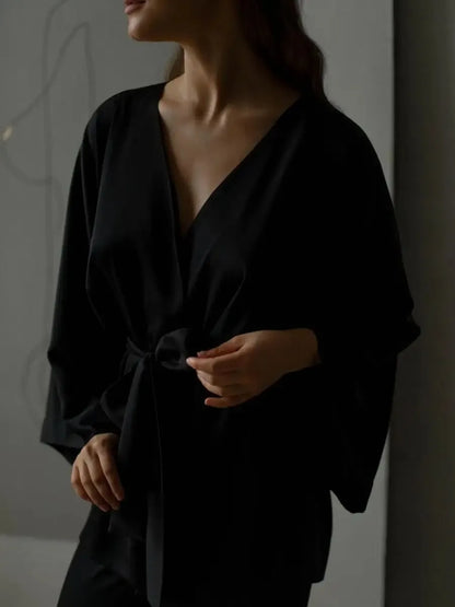 Mozuleva Solid Color Long Sleeved Pants Pajama 2-Piece Set Women's Autumn Winter Lace Up Nightgown Comfortable Home Clothing