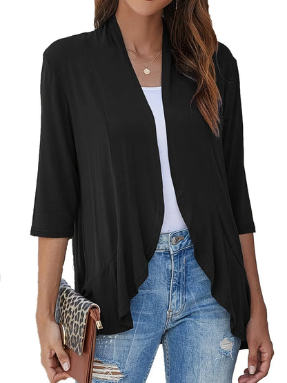 Plus Size V-neck Loose Pleated Cardigans Casual Frill Solid 3/4 Sleeve Spring Summer Fall Cardigan Plus Size Women's Clothing black
