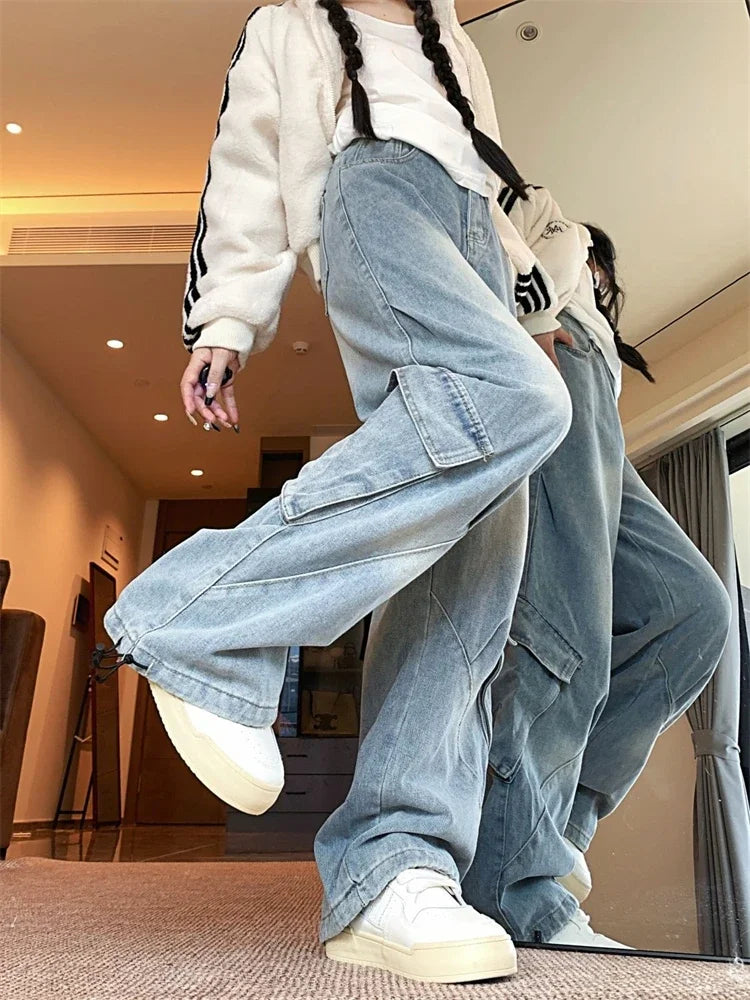 Women's Large Side Pocket Design Unisex Jeans High Waisted Straight Vintage 90s Trouser Streetwear Casual Y2K Denim Pants Blue