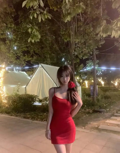 Pure wind red bow hollowed out beautiful back design halter dress female summer sexy slim-fit package hip skirt