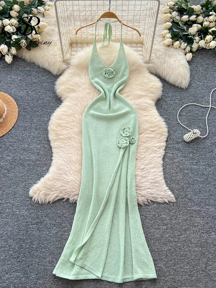 SINGREINY Halter 3D Floral Maxi Sundress Women Sleeveless Bodycon Elastic Beach Dress Vacation Knitted Split Sexy Long Dress green One Size