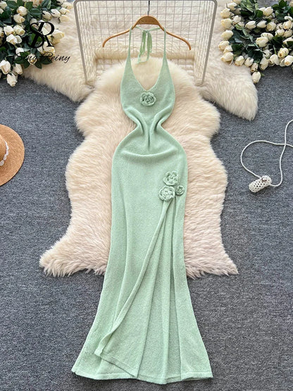 SINGREINY Halter 3D Floral Maxi Sundress Women Sleeveless Bodycon Elastic Beach Dress Vacation Knitted Split Sexy Long Dress green One Size