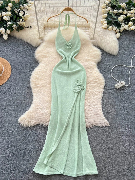 SINGREINY Halter 3D Floral Maxi Sundress Women Sleeveless Bodycon Elastic Beach Dress Vacation Knitted Split Sexy Long Dress green One Size