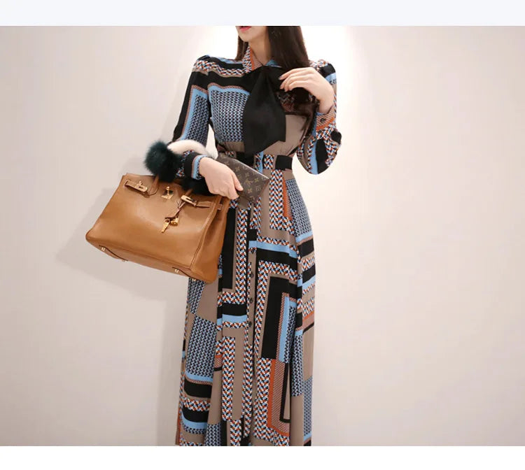 H Han Queen Vintage Print Elegant Long Dress Women Spring Single-breasted Shirt Dresses Waist Swing Ankle-length Vestidos