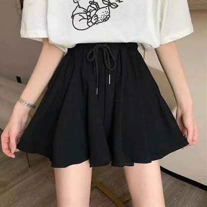 MEXZT 5Xl Summer Shorts Skirts Women Elastic High Waist Casual Wide Leg Shorts Korean A Line Loose Mini Skirt Black Short Pants black