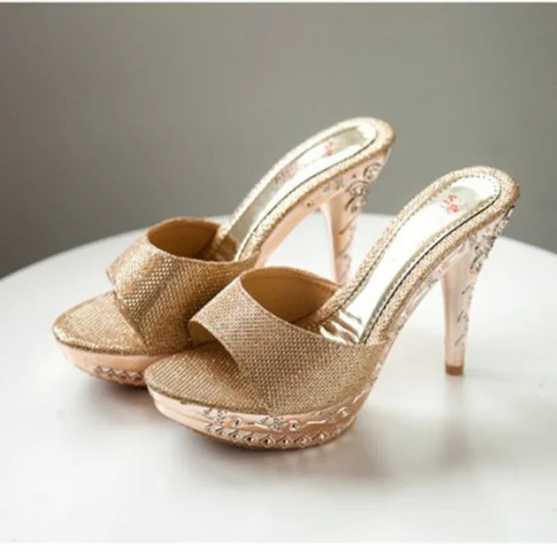 Summer Women Sandals Rhinestone Women Shoes Sexy High Heels Shoe Ladies Sandalias Gold Silver Women Slippers Heeled Sandals Sexy gold
