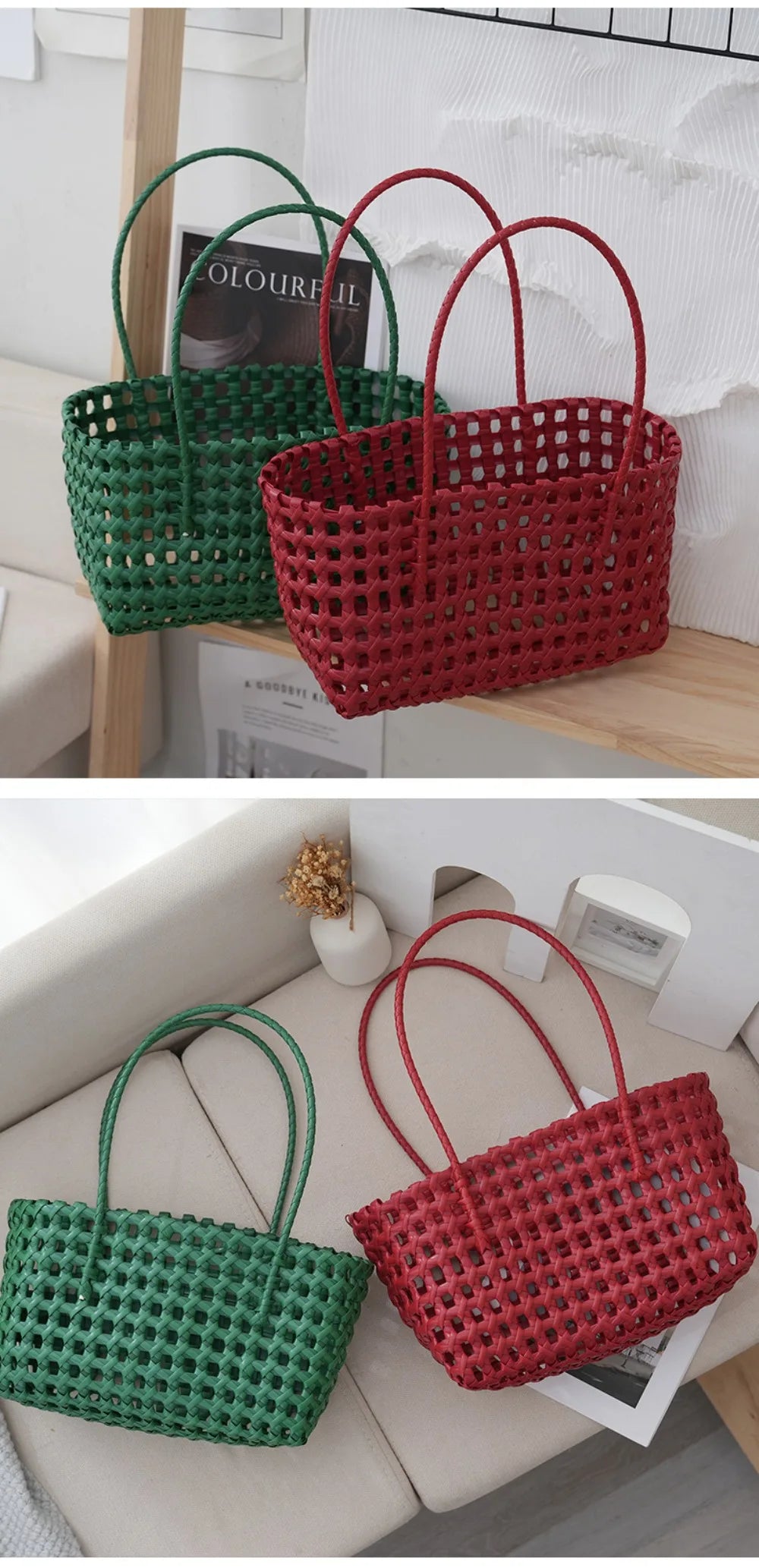 Plastic Hollow Weave Bag Countryside Style Bohemian Style Beach Tote Bag Large Capacity Bucket Bag Vegetable Basket Bag