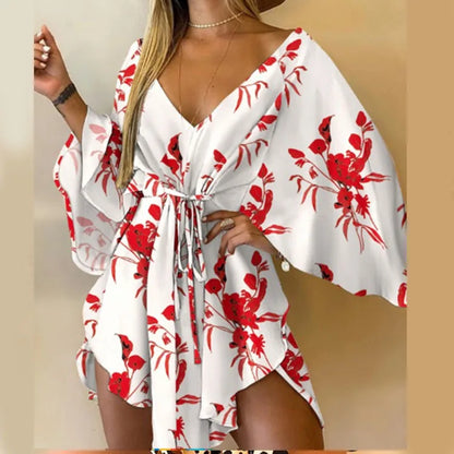 Sexy Women Mini Dress Floral Print V Neck 3/4 Bat Sleeve Lace Up Irregular Hem Casual Loose Beach Cover Up Dress Vestido Mujer Large red flowers