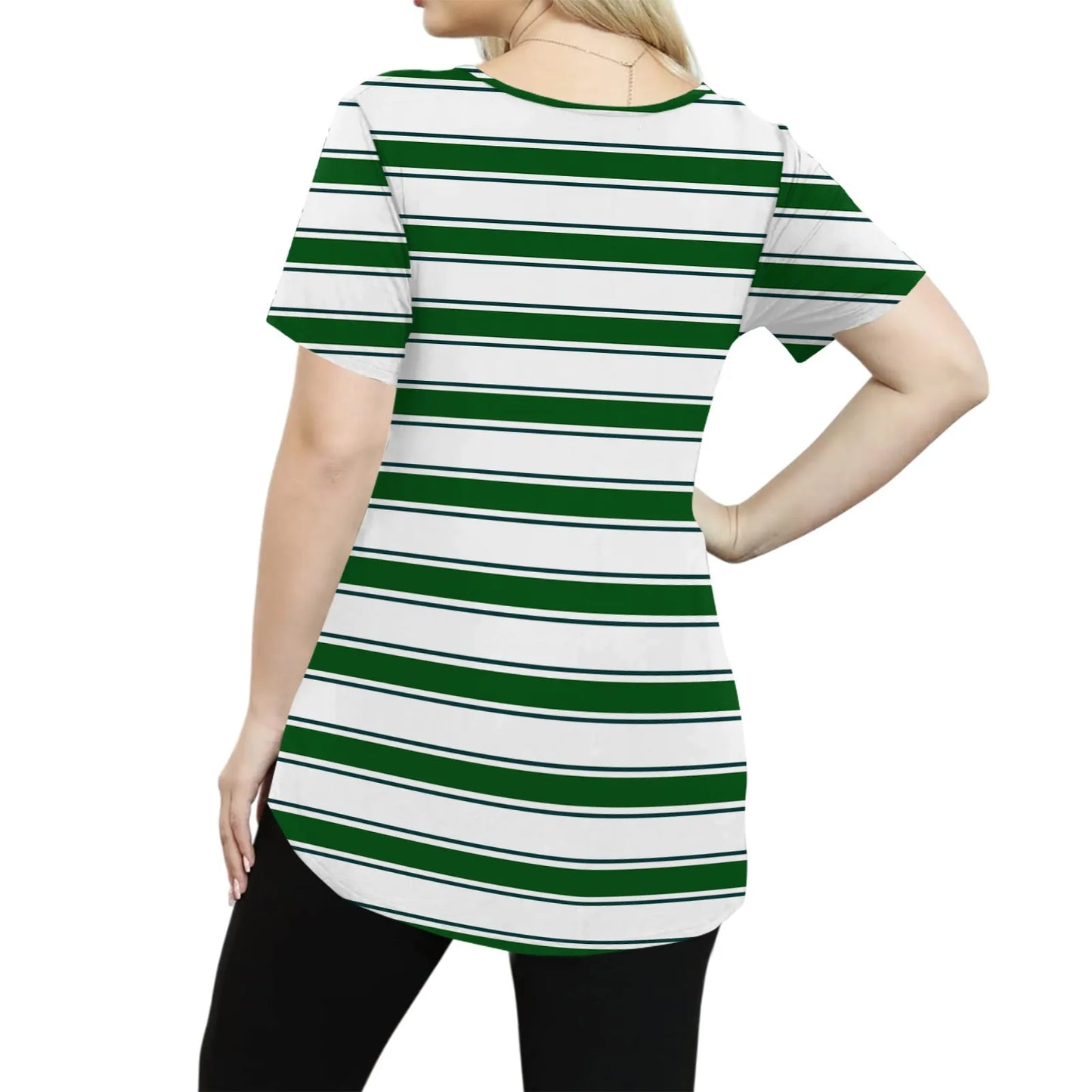 Plus Size Casual striped T-shirt For Women V neck short sleeves Loose Tops With Pocket Summer Daily Casual Plus Size Women's Top