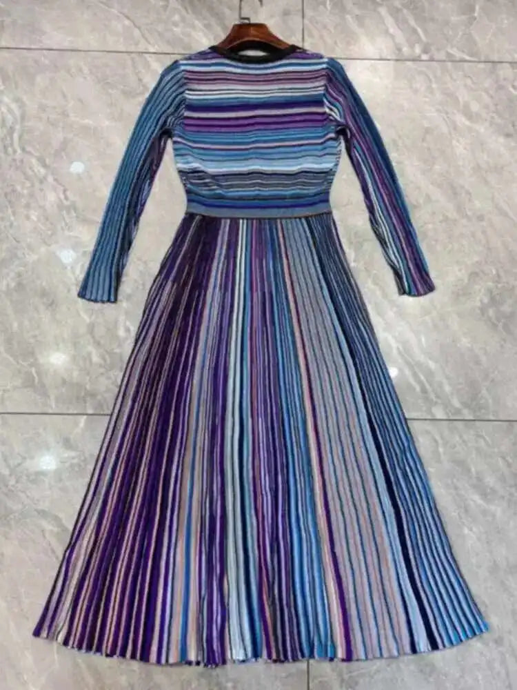 QMQA Fashion Women's Gradient Stripes Design Dresses V Neck High Waist Long Sleeve Elegant Party Dress Female Spring New 1A116 Badiee Stylez