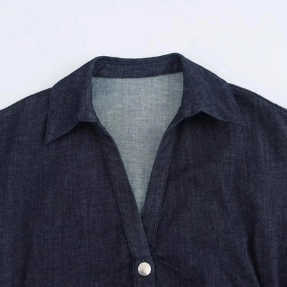 Denim Dress Women's Spring Summer Casual Long Dresses For Women 2025 New Fashion Ruched Short Sleeve Streetwear Midi Dress Badiee Stylez