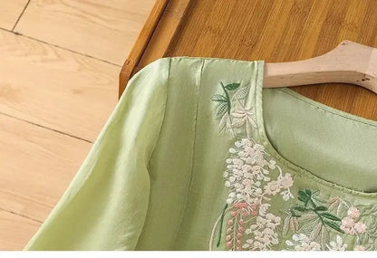 Thin Streetwear Vintage Clothes Ethnic Style Cotton Linen Shirts for Women Clothing Top Tshirt Tees Fashion Casual Embroidery