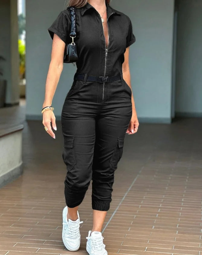 Sexy Elegant New Fashion 2024 Summer Casual Female Clothing Outfits Solid Color Short Sleeved High Waisted Workwear Jumpsuit D