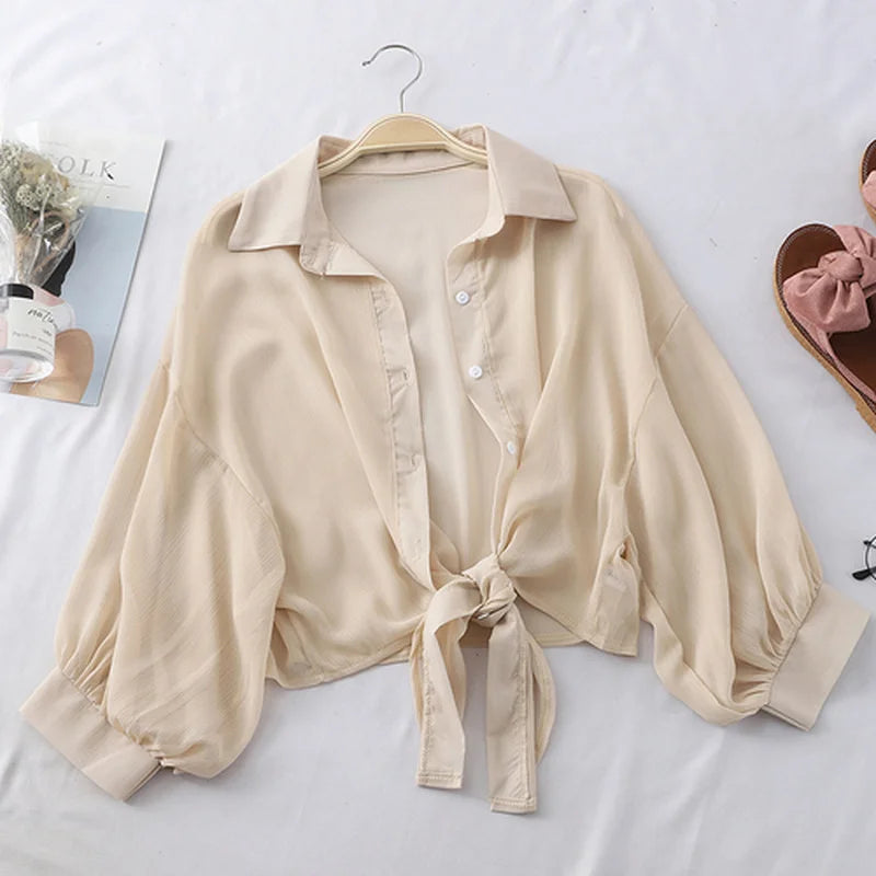 2023 Summer Half Sleeve Buttoned Up Shirt Loose Casual Blouse Chiffon Shirts Women Tied Waist Elegant Blouses for Women 9776 Khaki