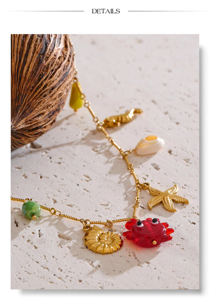 Yhpup Ocean Style Summer Fashion Jewelry Crab Starfish Shell Pendant Necklace Stainless Steel Golden Charm Pendant Accessories