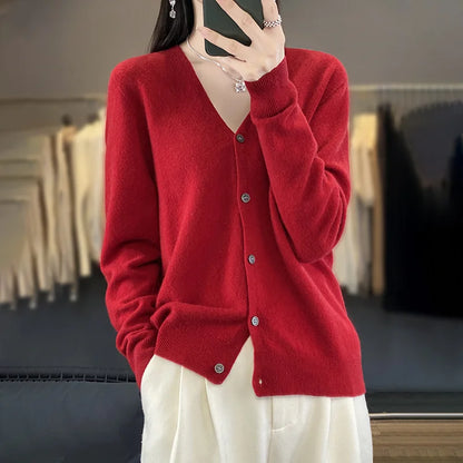 100 Merino Wool Knitted V-neck Sweater Women's Top Loose Korean Version Fashionable Versatile Autumn And Winter Cashmere Sweater WQ015 hong