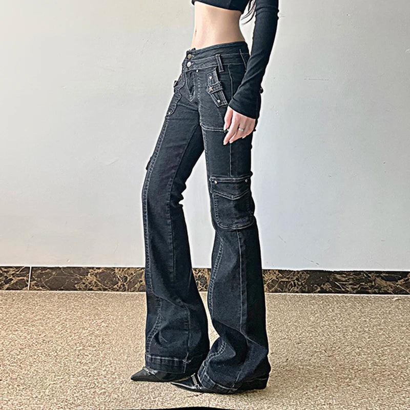 Weekeep Punk Style Star-shaped Rivet Jeans Low Rise Multi-pockets Patchwork Denim Cargo Pants Korean Fashion Hippie Flared Jeans
