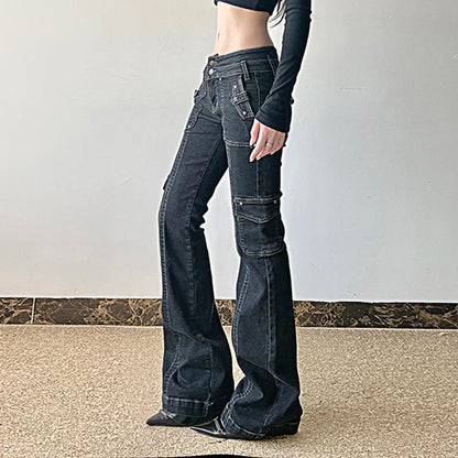 Weekeep Punk Style Star-shaped Rivet Jeans Low Rise Multi-pockets Patchwork Denim Cargo Pants Korean Fashion Hippie Flared Jeans