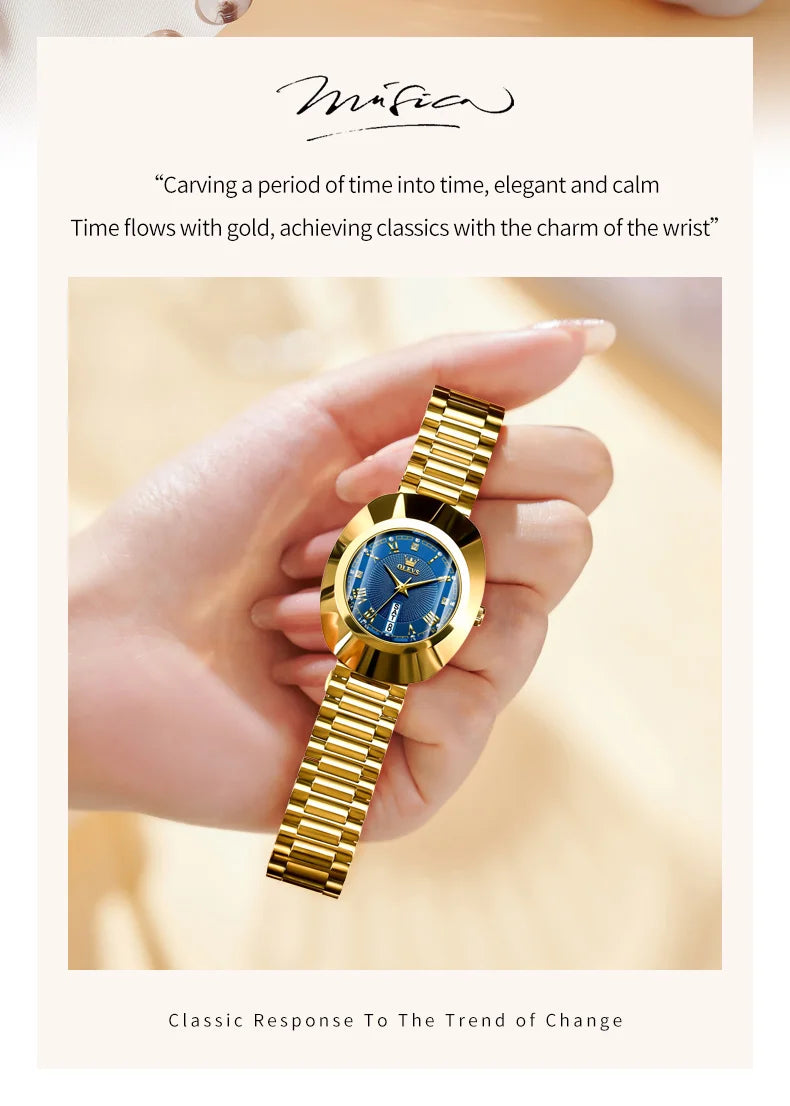 OLEVS Golden Quartz Watch for Women Fashion Elegant Tungsten Steel Case Waterproof Wristwatches Luxury Original Ladies Watch New