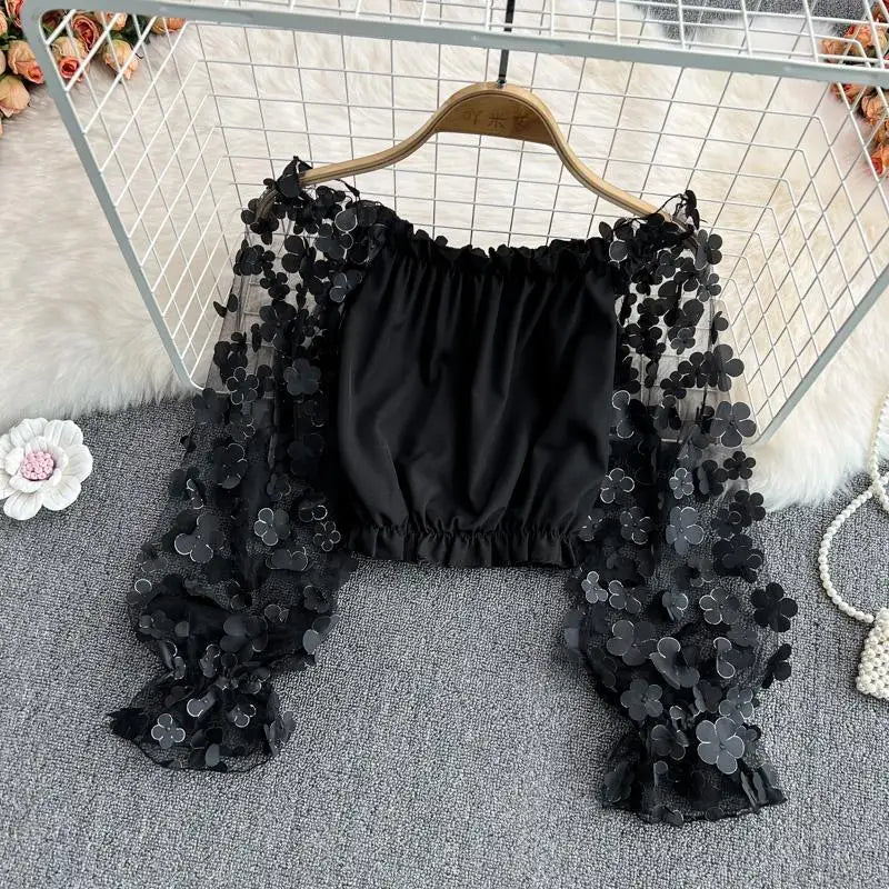 Off Shoulder Sexy Lace Blouses Women 2025 Spring Summer Korean Fashion Long Sleeve Tops Slim Flower Transparent Chiffon Shirts
