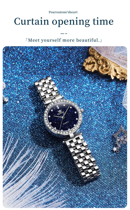 OLEVS 3641 Womens Watch Original Elegant Quartz Watch Waterproof Luminous Stainless Steel Starry Dial Ladies Watch With Box Gift