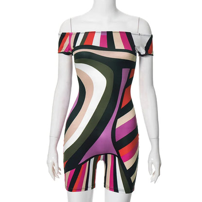 ANJAMANOR Multicolor Printed Off Shoulder Short Jumpsuits for Women 2024 Sexy Club Outfit Ladies Rompers Summer Clothes D85-BZ14