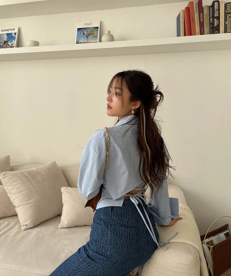 Gidyq Korean Bandage Shirt Women Fashion Backless Sexy Blouse Office Ladies Casual Slim Chic Turn Down Collar Long Sleeve Tops