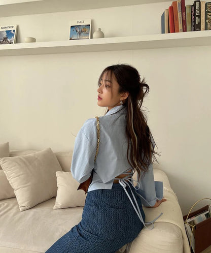 Gidyq Korean Bandage Shirt Women Fashion Backless Sexy Blouse Office Ladies Casual Slim Chic Turn Down Collar Long Sleeve Tops