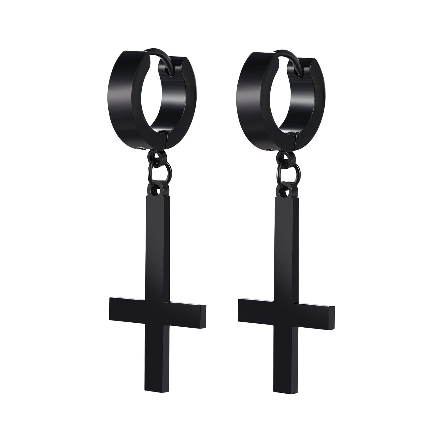 BONISKISS Men Women Stainless Steel Inverted Upside Down Cross Earring Church of Satan Temple Occult Satanic Witchy Stud Jewelry Hoop Black
