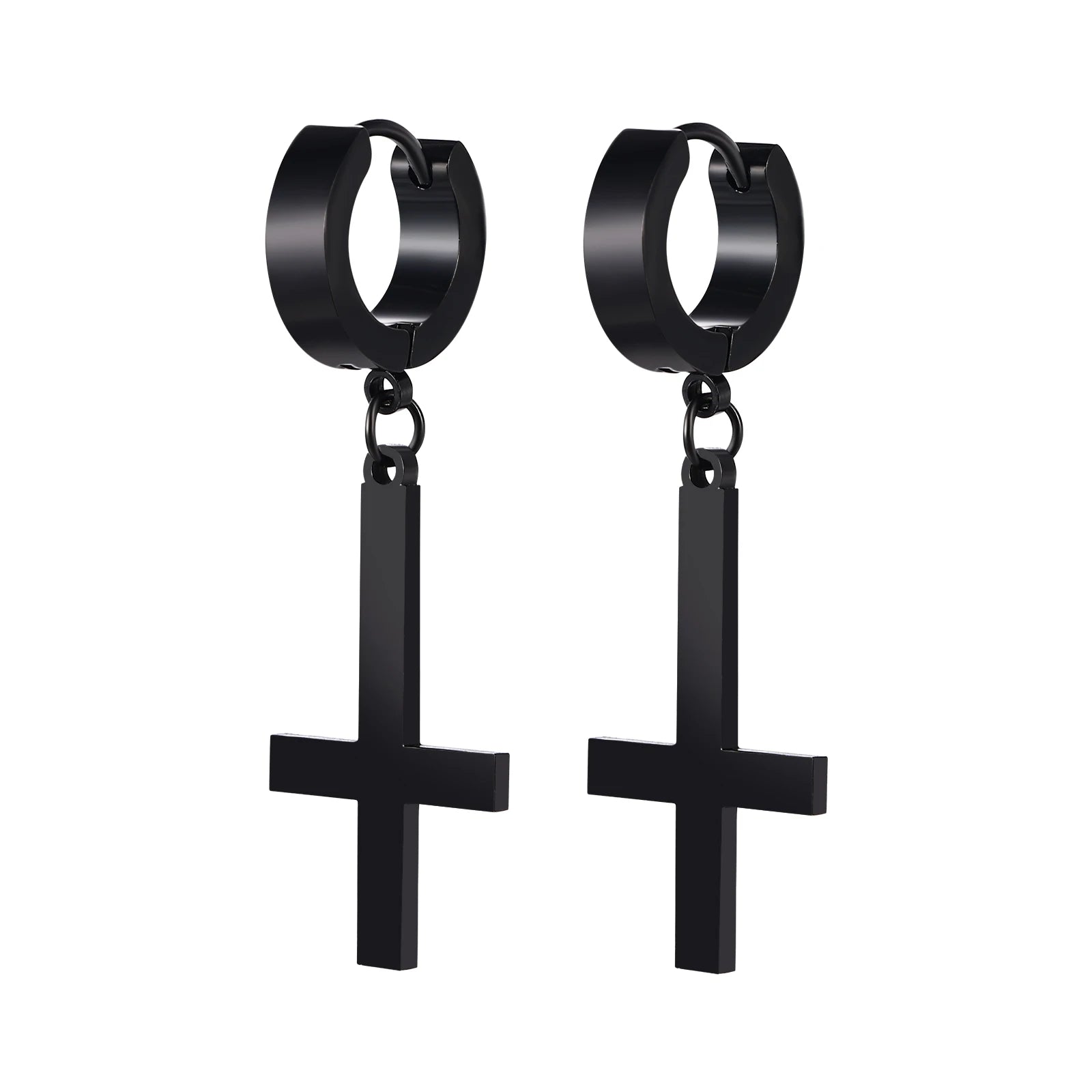 BONISKISS Men Women Stainless Steel Inverted Upside Down Cross Earring Church of Satan Temple Occult Satanic Witchy Stud Jewelry Hoop Black