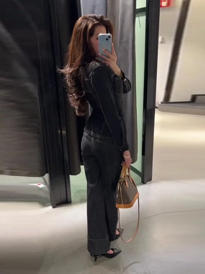 Street Vintage Denim Pants Sets Women Slim Long Sleeve Lapel Single Breasted Jacket Straight Trousers 2025 Autumn Lady Outfits