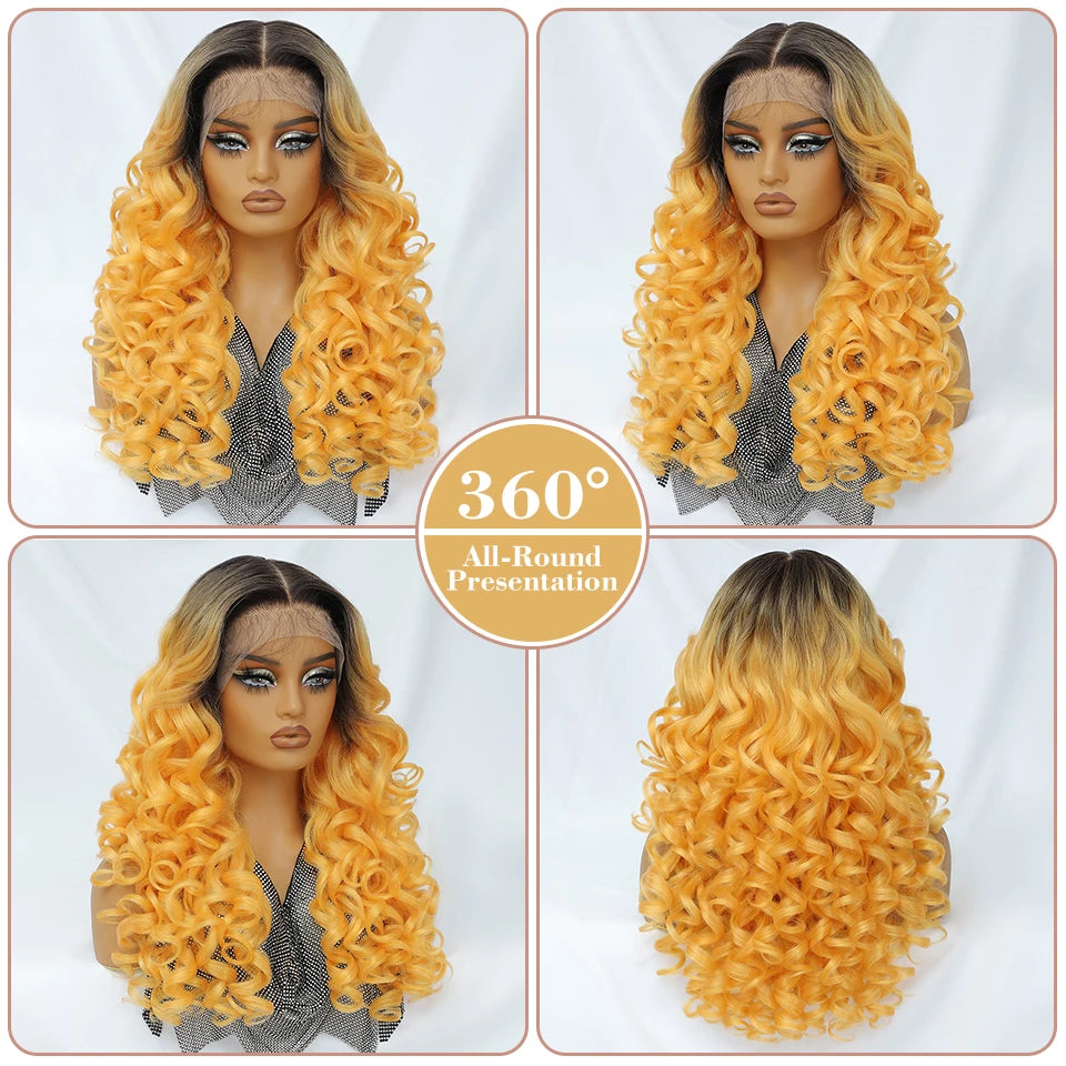 Latisha 13X6 HD Synthetic Lace Front Wigs Curly Pre Plucked Lace Frontal Wig with Bangs for Women Highlight with Babyhair 24Inch Badiee Stylez