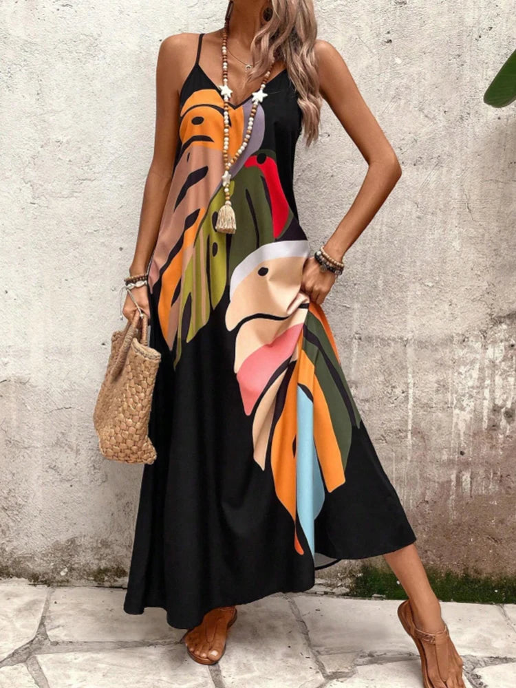 Women's elegant casual thin shoulder suspender A pendulum loose version long skirt summer fashion floral print dress Badiee Stylez