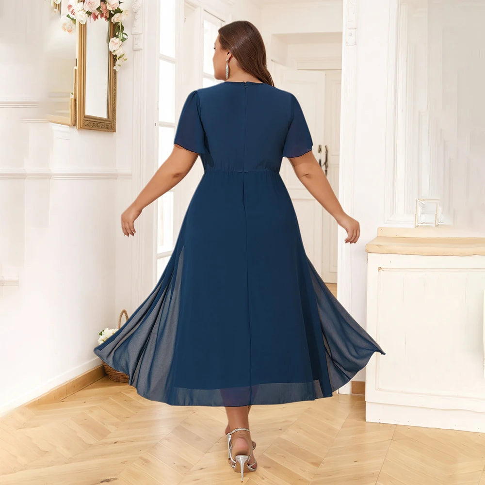 Plus Size Womens Elegant Butterfly Sleeve Sequin V-Neck Midi Dress Ladies Party Cocktail Evening Banquet Ball Gown Size 0XL-5XL