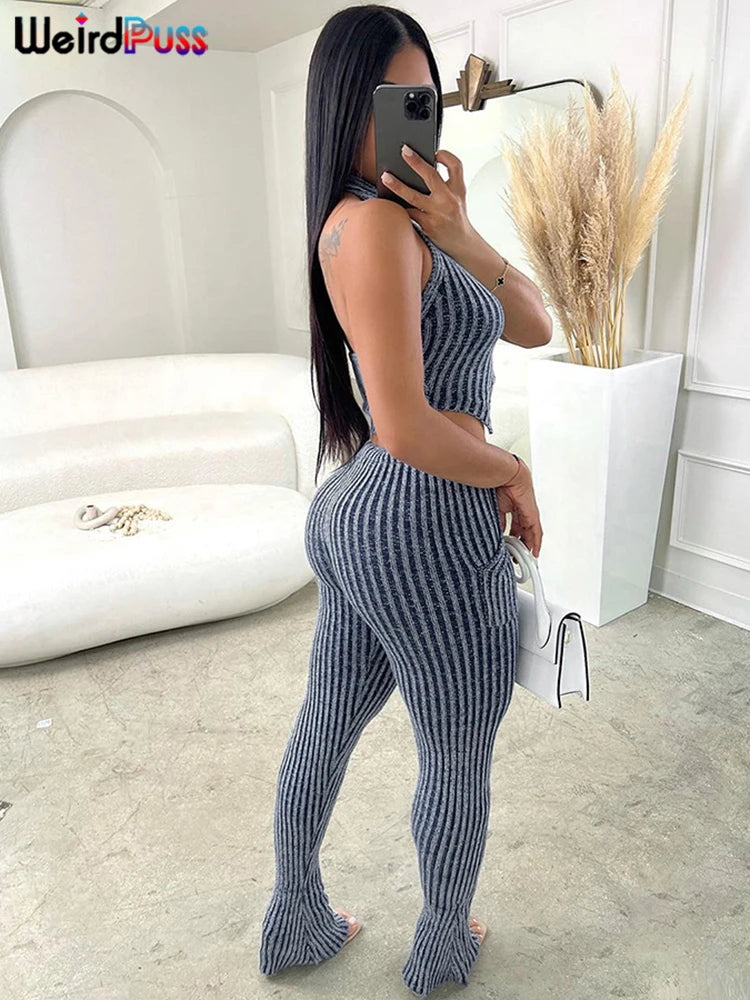 Weird Puss Patchwork Striped Women Casual 2 Piece Set Crochet Halter Low-Neck Vest+Pocket Pants Stretch Skinny Matching Suit Badiee Stylez