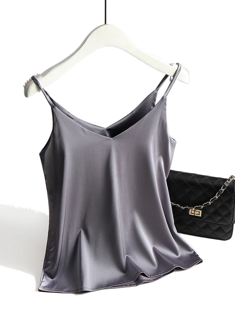 Spaghetti Strap Top Women Halter V Neck Basic White Cami Sleeveless Satin Silk Tank Tops Women'S Summer 2025 Camisole GRAY