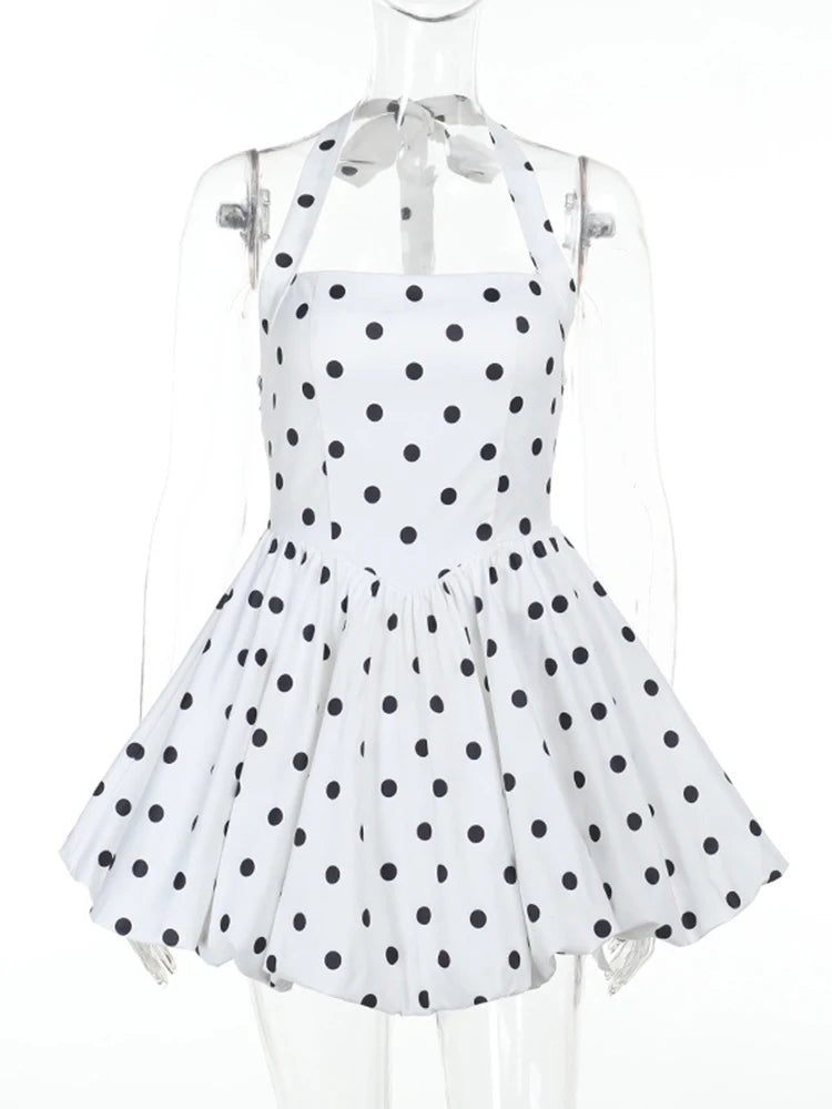 TARUXY Polka Dot Vacation Mini Dress For Women High Waist A-line Ball Gown Dress Sleeveless Halter Neck Female Summer Fashion White