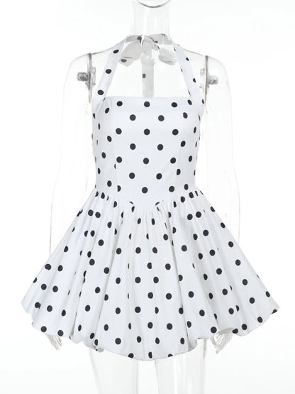 TARUXY Polka Dot Vacation Mini Dress For Women High Waist A-line Ball Gown Dress Sleeveless Halter Neck Female Summer Fashion White