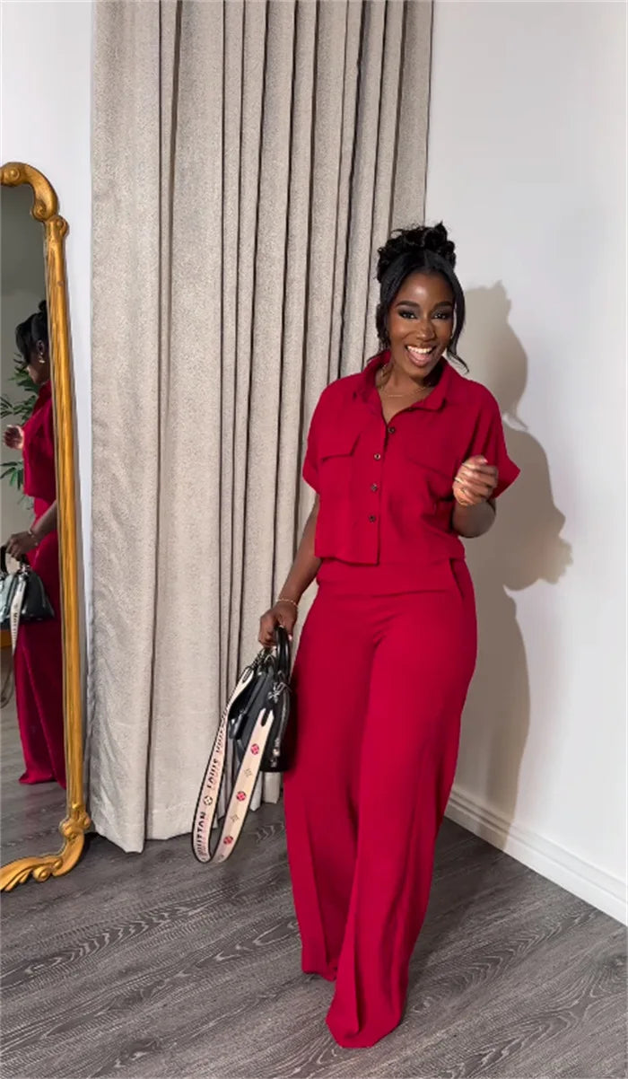 Women's Two-piece Set Spring Summer New Style Lapel Short-sleeved Shirt High Waist Wide Leg Trousers Casual Suit Women Clothing