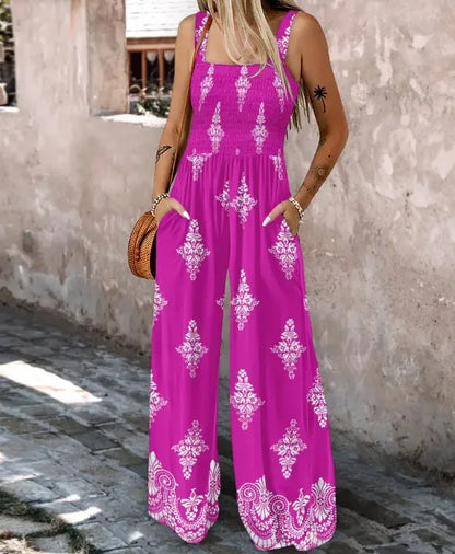 2025 Summer Female Jumpsuits with Pockets Fashion Printing Wide Legs High Waist Women's Rompers Sleeveless Strap Pants Trousers Badiee Stylez