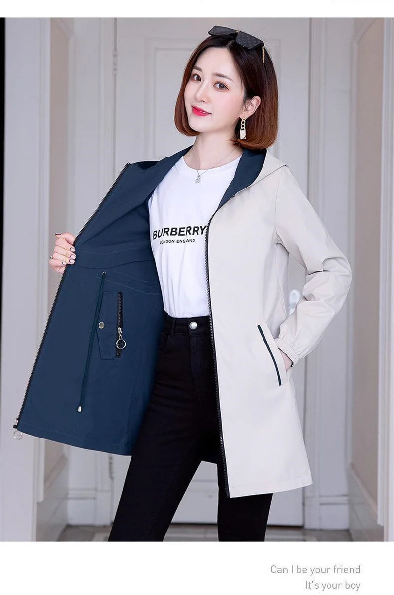 Double-Sided Trench Coat Women 2023New Fashion Spring Autumn Clothes Hooded Mid-Length Windbreakers Female Outerwear Casual Tops
