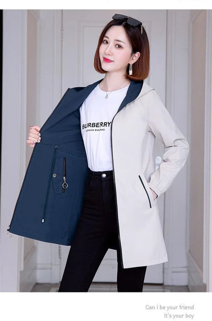 Double-Sided Trench Coat Women 2023New Fashion Spring Autumn Clothes Hooded Mid-Length Windbreakers Female Outerwear Casual Tops