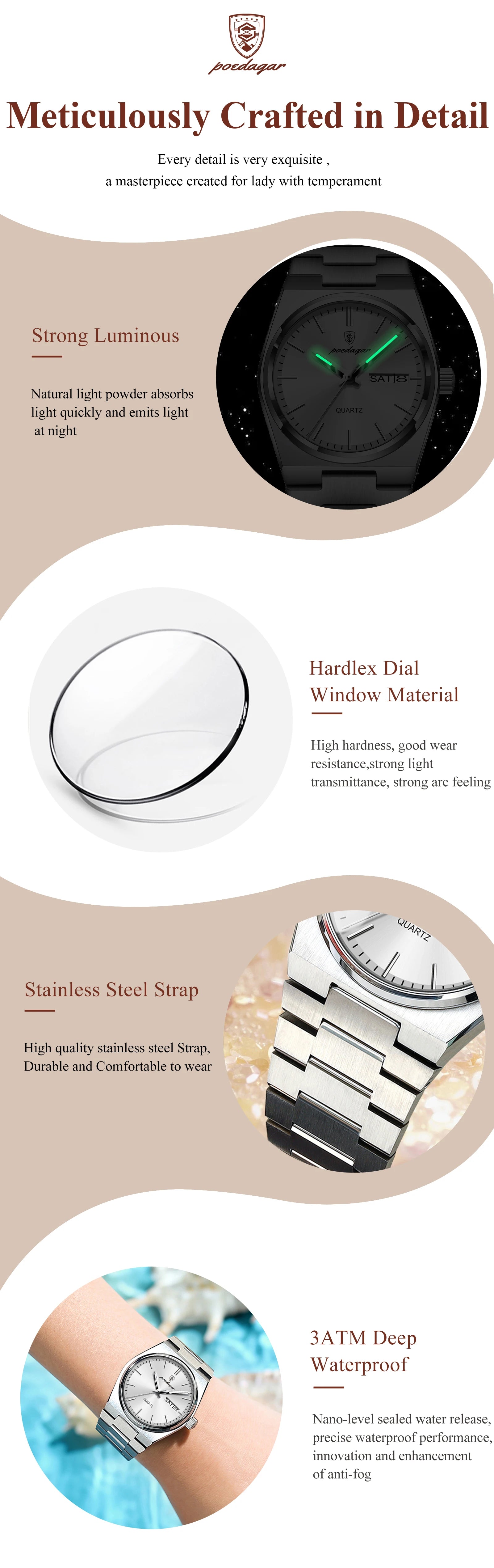 POEDAGAR Original New Woman Watch Stainless Steel Waterproof Luminous Ladies Wristwatch Date Week Elegant Quartz Women's Watches