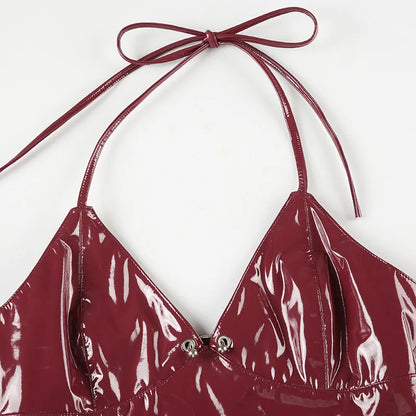 New y2k Solid Metal Button Women’s Halter Tops Sleeveless Pu Leather Punk Baddie Slim Women Blouses Streetwear Clothing Crop Top