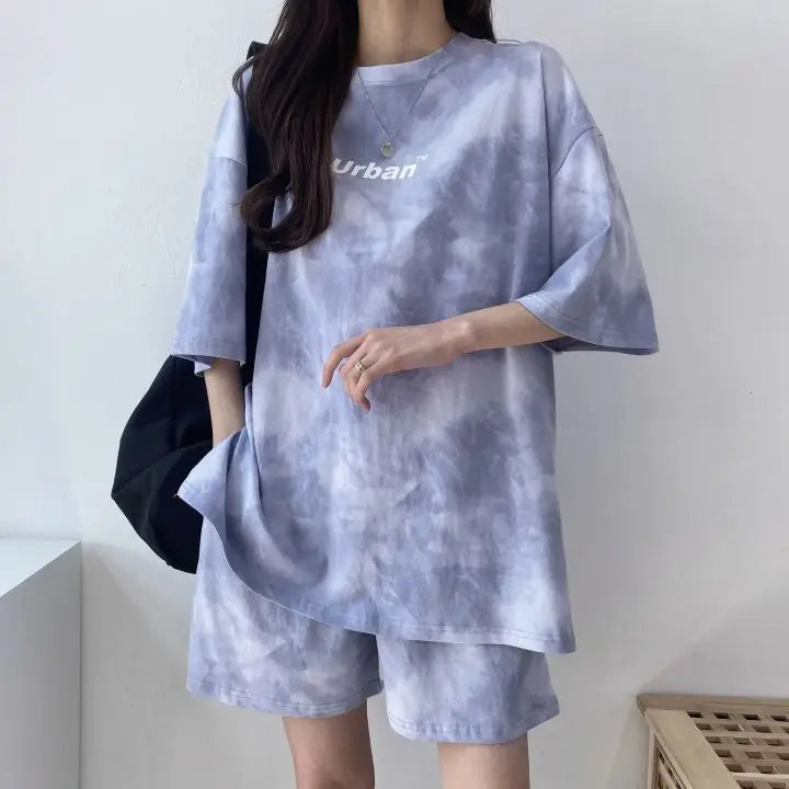 Women Summer 2024 New Fashion Cool Tie Dye Two-Piece Set Leisure And Comfortable Loose Elastic Waist Shorts Set