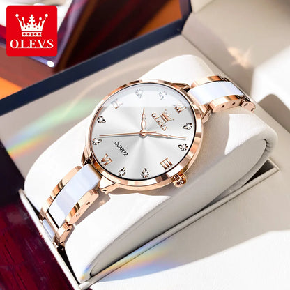 OLEVS Luxury Brand Women's Watches Elegant Fashion Ceramic strip Waterproof Japan Imports Quartz Watch Dress Lady Watch Simple white